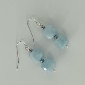 Genuine Natural Aquamarine Beveled Edge Cube Bead Earrings Sterling Silver
